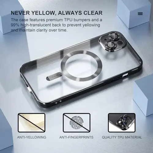 Misea Magnetic for iPhone 14 Case Compatible with MagSafe [Never Yellowing] [Military Grade Drop Protection] Full Camera Lens Protector Plating Soft Clear Phone Case for Women Girls, Black - 3