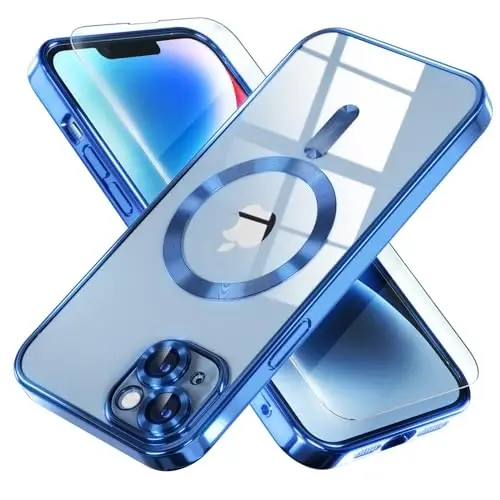 Misea Magnetic for iPhone 14 Case Compatible with MagSafe [Never Yellowing] [Military Grade Drop Protection] Full Camera Lens Protector Plating Soft Clear Phone Case for Women Girls, Blue 