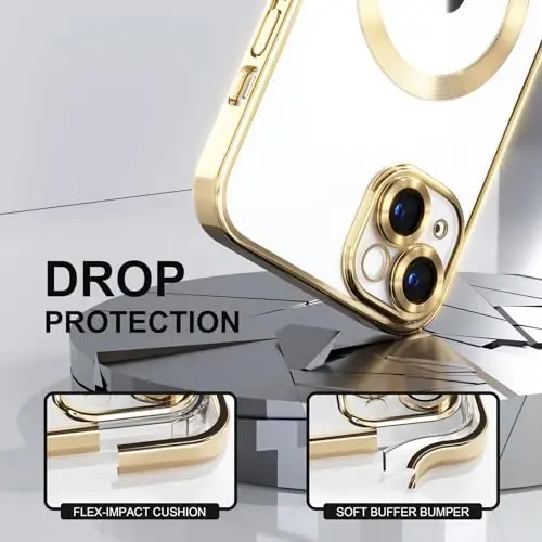 Misea Magnetic for iPhone 14 Case Compatible with MagSafe [Never Yellowing] [Military Grade Drop Protection] Full Camera Lens Protector Plating Soft Clear Phone Case for Women Girls, Gold - 4