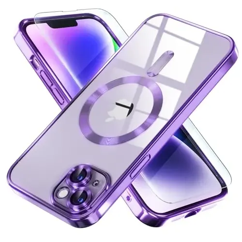 Misea Magnetic for iPhone 14 Case Compatible with MagSafe [Never Yellowing] [Military Grade Drop Protection] Full Camera Lens Protector Plating Soft Clear Phone Case for Women Girls, Purple 