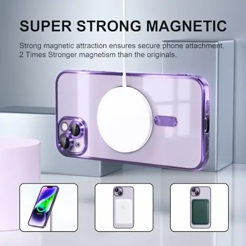 Misea Magnetic for iPhone 14 Case Compatible with MagSafe [Never Yellowing] [Military Grade Drop Protection] Full Camera Lens Protector Plating Soft Clear Phone Case for Women Girls, Purple - 5
