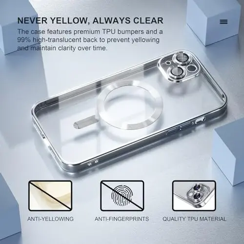 Misea Magnetic for iPhone 14 Case Compatible with MagSafe [Never Yellowing] [Military Grade Drop Protection] Full Camera Lens Protector Plating Soft Clear Phone Case for Women Girls, Silver - 3