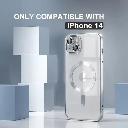 Misea Magnetic for iPhone 14 Case Compatible with MagSafe Silver | [Never Yellowing] [Military Drop Protection] Full Camera Lens Protector Plating Soft Clear Phone Case for Women, Silver - Misea (1)
