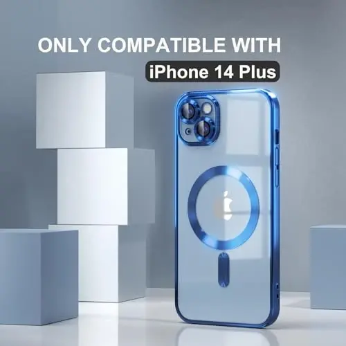 Misea Magnetic for iPhone 14 Plus Case Compatible with MagSafe [Never Yellowing] [Military Grade Drop Protection] Full Camera Lens Protector Plating Soft Clear Phone Case for Women Girls, Blue - 2