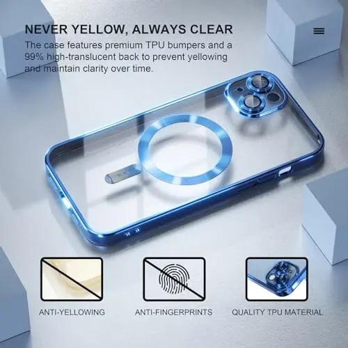 Misea Magnetic for iPhone 14 Plus Case Compatible with MagSafe [Never Yellowing] [Military Grade Drop Protection] Full Camera Lens Protector Plating Soft Clear Phone Case for Women Girls, Blue - 3