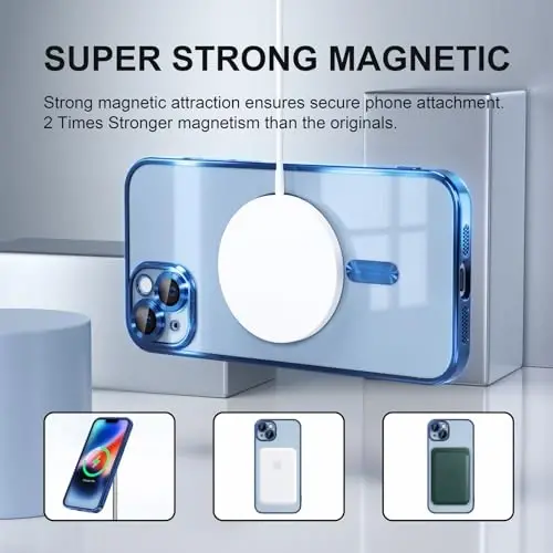 Misea Magnetic for iPhone 14 Plus Case Compatible with MagSafe [Never Yellowing] [Military Grade Drop Protection] Full Camera Lens Protector Plating Soft Clear Phone Case for Women Girls, Blue - 5