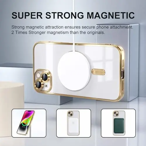 Misea Magnetic for iPhone 14 Plus Case Compatible with MagSafe [Never Yellowing] [Military Grade Drop Protection] Full Camera Lens Protector Plating Soft Clear Phone Case for Women Girls, Gold - 5