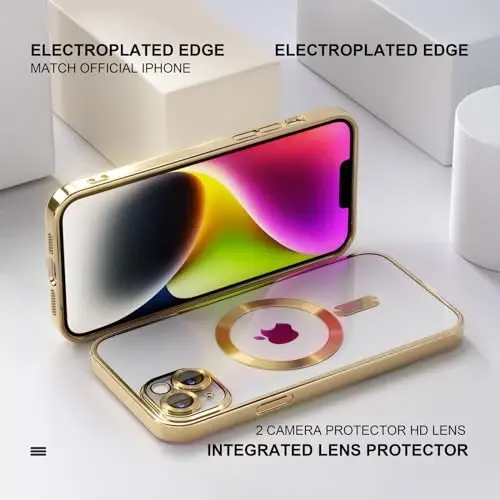 Misea Magnetic for iPhone 14 Plus Case Compatible with MagSafe [Never Yellowing] [Military Grade Drop Protection] Full Camera Lens Protector Plating Soft Clear Phone Case for Women Girls, Gold - 6