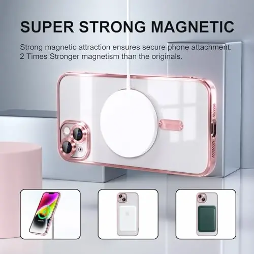 Misea Magnetic for iPhone 14 Plus Case Compatible with MagSafe [Never Yellowing] [Military Grade Drop Protection] Full Camera Lens Protector Plating Soft Clear Phone Case for Women Girls, Pink - 6