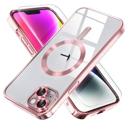 Misea Magnetic for iPhone 14 Plus Case Compatible with MagSafe [Never Yellowing] [Military Grade Drop Protection] Full Camera Lens Protector Plating Soft Clear Phone Case for Women Girls, Pink 