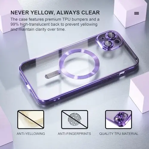 Misea Magnetic for iPhone 14 Plus Case Compatible with MagSafe [Never Yellowing] [Military Grade Drop Protection] Full Camera Lens Protector Plating Soft Clear Phone Case for Women Girls, Purple - 3