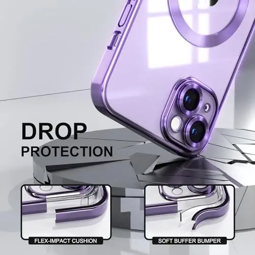 Misea Magnetic for iPhone 14 Plus Case Compatible with MagSafe [Never Yellowing] [Military Grade Drop Protection] Full Camera Lens Protector Plating Soft Clear Phone Case for Women Girls, Purple - 4