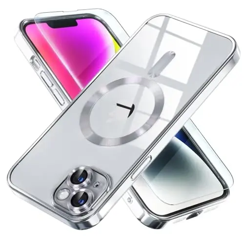 Misea Magnetic for iPhone 14 Plus Case Compatible with MagSafe [Never Yellowing] [Military Grade Drop Protection] Full Camera Lens Protector Plating Soft Clear Phone Case for Women Girls, Silver - MISEA