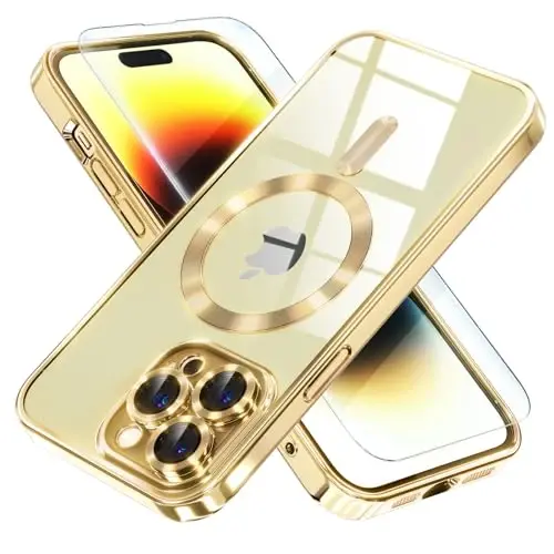 Misea Magnetic for iPhone 14 Pro Max Case Compatible with MagSafe [Never Yellowing] [Military Grade Drop Protection] Full Camera Lens Protector Plating Soft Clear Phone Case for Women Girls, Gold - 1