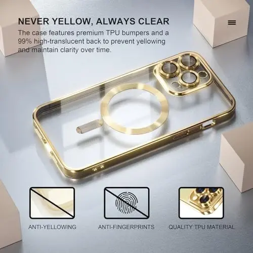 Misea Magnetic for iPhone 14 Pro Max Case Compatible with MagSafe [Never Yellowing] [Military Grade Drop Protection] Full Camera Lens Protector Plating Soft Clear Phone Case for Women Girls, Gold - 3