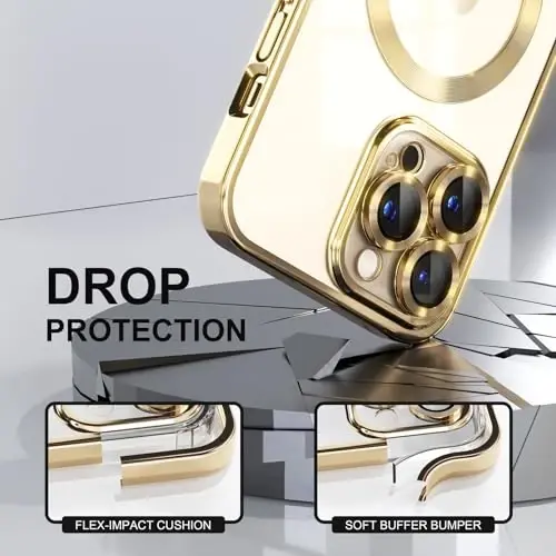 Misea Magnetic for iPhone 14 Pro Max Case Compatible with MagSafe [Never Yellowing] [Military Grade Drop Protection] Full Camera Lens Protector Plating Soft Clear Phone Case for Women Girls, Gold - 4