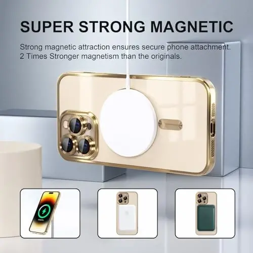 Misea Magnetic for iPhone 14 Pro Max Case Compatible with MagSafe [Never Yellowing] [Military Grade Drop Protection] Full Camera Lens Protector Plating Soft Clear Phone Case for Women Girls, Gold - 5