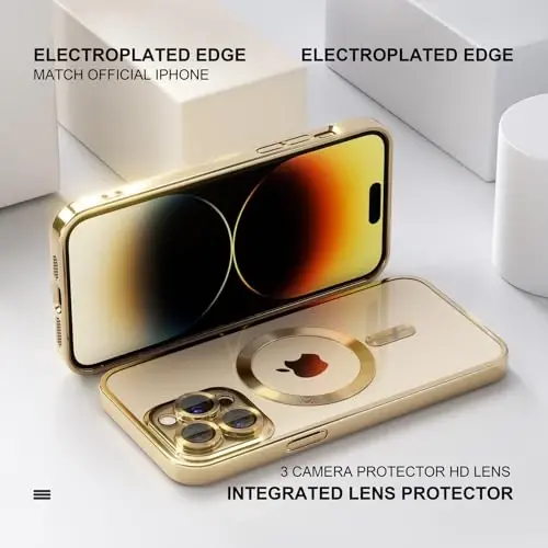Misea Magnetic for iPhone 14 Pro Max Case Compatible with MagSafe [Never Yellowing] [Military Grade Drop Protection] Full Camera Lens Protector Plating Soft Clear Phone Case for Women Girls, Gold - 6