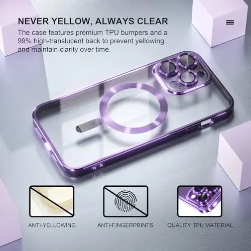 Misea Magnetic for iPhone 14 Pro Max Case Compatible with MagSafe [Never Yellowing] [Military Grade Drop Protection] Full Camera Lens Protector Plating Soft Clear Phone Case for Women Girls, Purple - 3