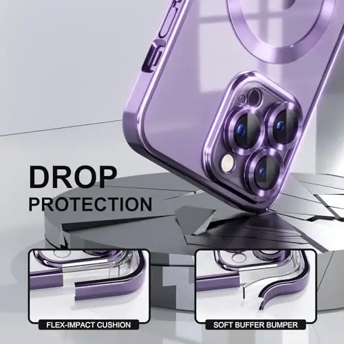 Misea Magnetic for iPhone 14 Pro Max Case Compatible with MagSafe [Never Yellowing] [Military Grade Drop Protection] Full Camera Lens Protector Plating Soft Clear Phone Case for Women Girls, Purple - 4