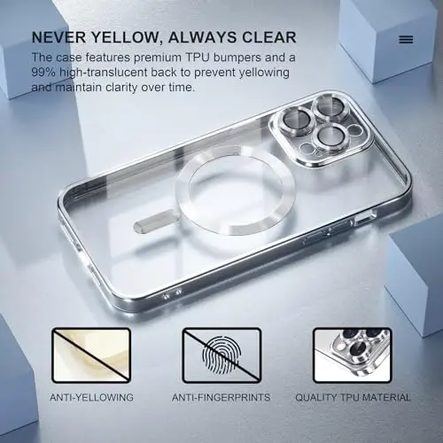 Misea Magnetic for iPhone 14 Pro Max Case Compatible with MagSafe [Never Yellowing] [Military Grade Drop Protection] Full Camera Lens Protector Plating Soft Clear Phone Case for Women Girls, Silver - 3