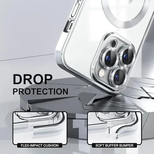 Misea Magnetic for iPhone 14 Pro Max Case Compatible with MagSafe [Never Yellowing] [Military Grade Drop Protection] Full Camera Lens Protector Plating Soft Clear Phone Case for Women Girls, Silver - 4