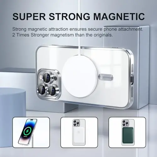 Misea Magnetic for iPhone 14 Pro Max Case Compatible with MagSafe [Never Yellowing] [Military Grade Drop Protection] Full Camera Lens Protector Plating Soft Clear Phone Case for Women Girls, Silver - 5