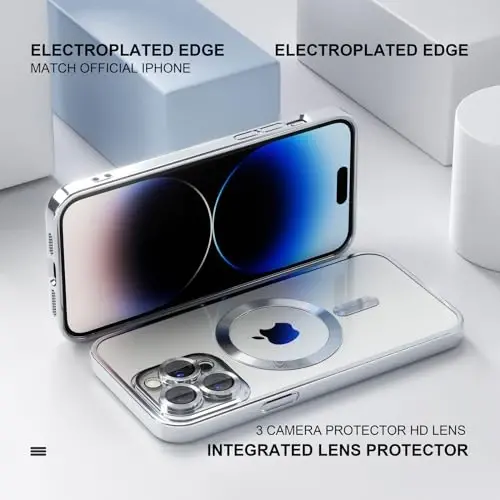 Misea Magnetic for iPhone 14 Pro Max Case Compatible with MagSafe [Never Yellowing] [Military Grade Drop Protection] Full Camera Lens Protector Plating Soft Clear Phone Case for Women Girls, Silver - 6