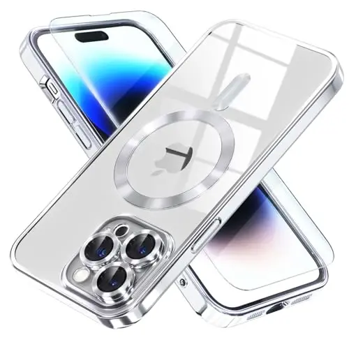 Misea Magnetic for iPhone 14 Pro Max Case Compatible with MagSafe [Never Yellowing] [Military Grade Drop Protection] Full Camera Lens Protector Plating Soft Clear Phone Case for Women Girls, Silver - MISEA