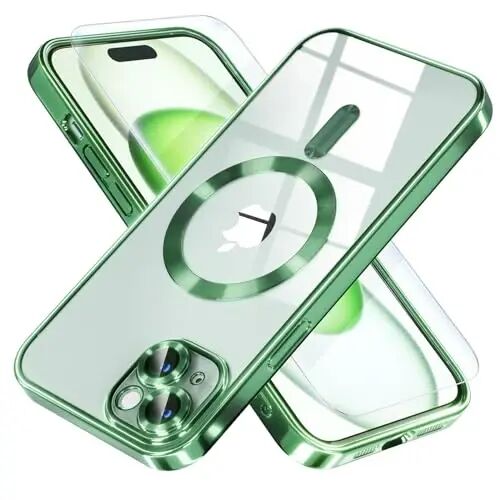 Misea Magnetic for iPhone 15 Case Compatible with MagSafe Green | [Never Yellowing] [Military Drop Protection] Full Camera Lens Protector Plating Soft Clear Phone Case for Women, Green - Misea