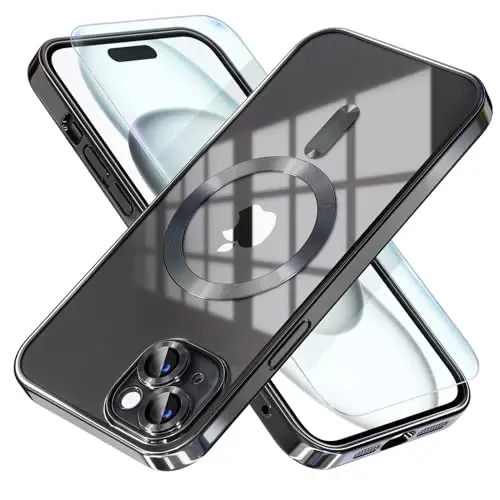 Misea Magnetic for iPhone 15 Case Compatible with MagSafe [Never Yellowing] [Military Grade Drop Protection] Full Camera Lens Protector Plating Soft Clear Phone Case for Women, Black - 1