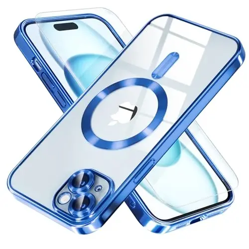 Misea Magnetic for iPhone 15 Case Compatible with MagSafe [Never Yellowing] [Military Grade Drop Protection] Full Camera Lens Protector Plating Soft Clear Phone Case for Women, Deep Blue - MISEA