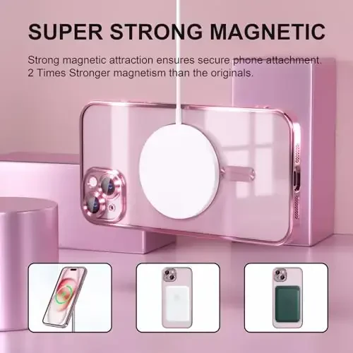 Misea Magnetic for iPhone 15 Case Compatible with MagSafe [Never Yellowing] [Military Grade Drop Protection] Full Camera Lens Protector Plating Soft Clear Phone Case for Women Girls, Pink - 5