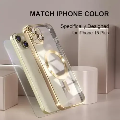 Misea Magnetic for iPhone 15 Case Compatible with MagSafe [Never Yellowing] [Military Grade Drop Protection] Full Camera Lens Protector Plating Soft Clear Phone Case for Women, Gold - 7