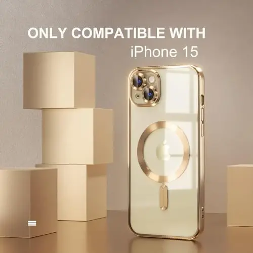 Misea Magnetic for iPhone 15 Case Compatible with MagSafe [Never Yellowing] [Military Grade Drop Protection] Full Camera Lens Protector Plating Soft Clear Phone Case for Women, Gold - MISEA (1)