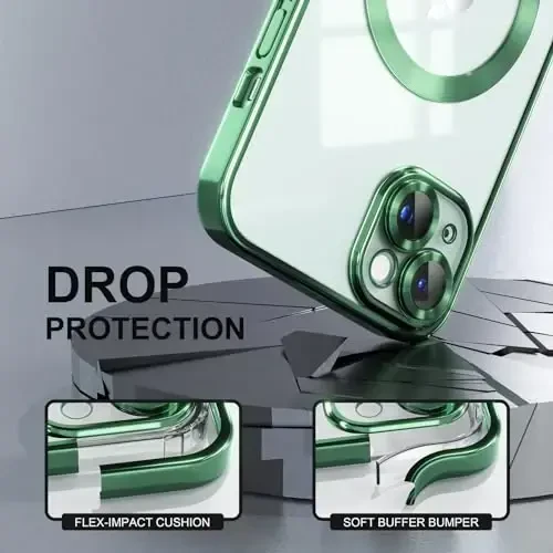Misea Magnetic for iPhone 15 Case Compatible with MagSafe [Never Yellowing] [Military Grade Drop Protection] Full Camera Lens Protector Plating Soft Clear Phone Case for Women, Green - 4