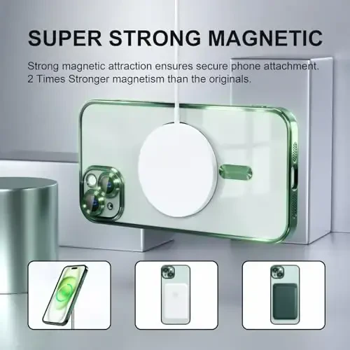 Misea Magnetic for iPhone 15 Case Compatible with MagSafe [Never Yellowing] [Military Grade Drop Protection] Full Camera Lens Protector Plating Soft Clear Phone Case for Women, Green - 5
