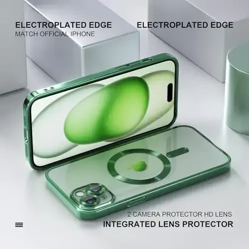 Misea Magnetic for iPhone 15 Case Compatible with MagSafe [Never Yellowing] [Military Grade Drop Protection] Full Camera Lens Protector Plating Soft Clear Phone Case for Women, Green - 6