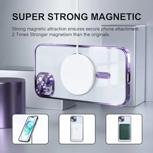 Misea Magnetic for iPhone 15 Case Compatible with MagSafe [Never Yellowing] [Military Grade Drop Protection] Full Camera Lens Protector Plating Soft Clear Phone Case for Women, Purple - 5