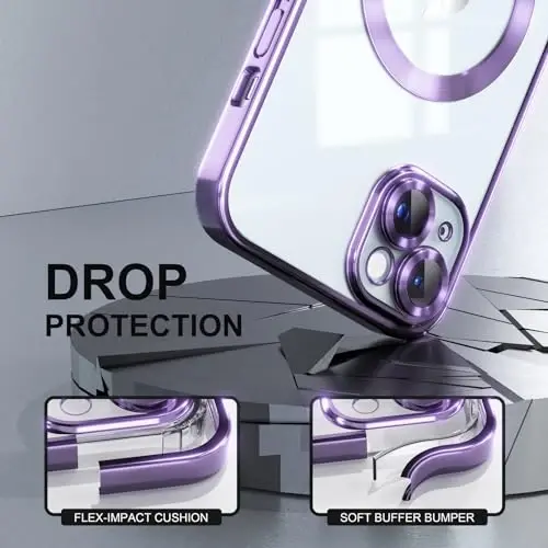 Misea Magnetic for iPhone 15 Case Compatible with MagSafe [Never Yellowing] [Military Grade Drop Protection] Full Camera Lens Protector Plating Soft Clear Phone Case for Women, Purple - 4