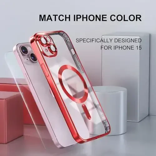 Misea Magnetic for iPhone 15 Case Compatible with MagSafe [Never Yellowing] [Military Grade Drop Protection] Full Camera Lens Protector Plating Soft Clear Phone Case for Women, Red - 7