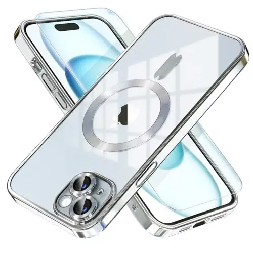 Misea Magnetic for iPhone 15 Case Compatible with MagSafe [Never Yellowing] [Military Grade Drop Protection] Full Camera Lens Protector Plating Soft Clear Phone Case for Women, Silver - MISEA