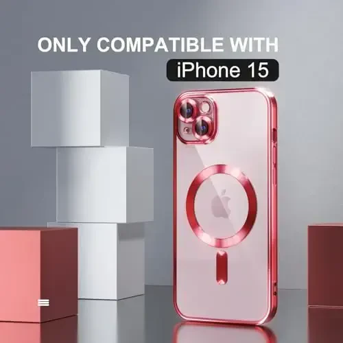 Misea Magnetic for iPhone 15 Case MagSafe bilan mos [Hech qachon sarg'aymaydi] [Harbiy darajadagi tushishdan himoya] Ayollar uchun to'liq kamera linzalari himoyachisi qoplamali yumshoq shaffof telefon g'ilofi, Qizil - MISEA (1)