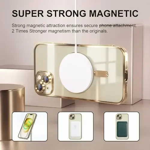 Misea Magnetic for iPhone 15 Plus Case Compatible with MagSafe [Never Yellowing] [Military Grade Drop Protection] Full Camera Lens Protector Plating Soft Clear Phone Case for Women, Gold - 5
