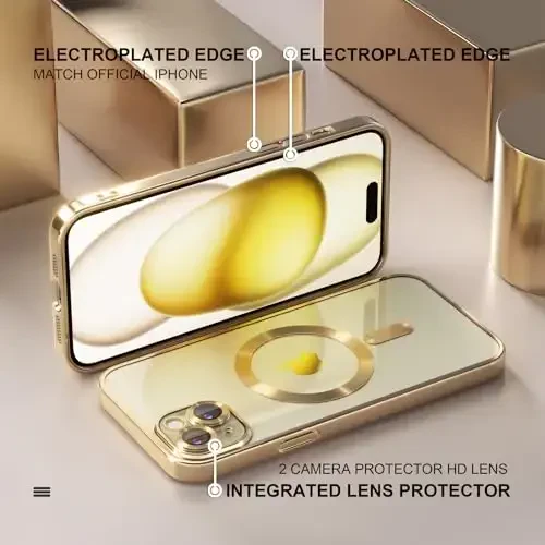 Misea Magnetic for iPhone 15 Plus Case Compatible with MagSafe [Never Yellowing] [Military Grade Drop Protection] Full Camera Lens Protector Plating Soft Clear Phone Case for Women, Gold - 6
