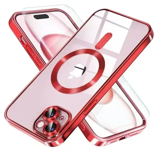 Misea Magnetic for iPhone 15 Plus Case Compatible with MagSafe [Never Yellowing] [Military Grade Drop Protection] Full Camera Lens Protector Plating Soft Clear Phone Case for Women, Red - 1