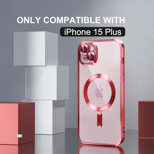 Misea Magnetic for iPhone 15 Plus Case Compatible with MagSafe [Never Yellowing] [Military Grade Drop Protection] Full Camera Lens Protector Plating Soft Clear Phone Case for Women, Red - 2