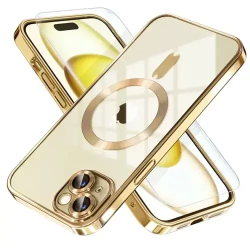 Misea Magnetic for iPhone 15 Plus Case MagSafe bilan mos [Hech qachon sarg'aymaydi] [Harbiy darajadagi tushishdan himoya] To'liq kamera linzalari himoyachisi Plating Yumshoq Shaffof Ayollar uchun telefon qutisi, Oltin - 1
