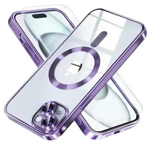 Misea Magnetic for iPhone 15 Plus Case MagSafe bilan mos [Hech qachon sarg'aymaydi] [Harbiy darajadagi tushishdan himoya] To'liq kamera linzalari himoyachisi Qoplama Yumshoq Shaffof Ayollar uchun telefon qutisi, Binafsha 