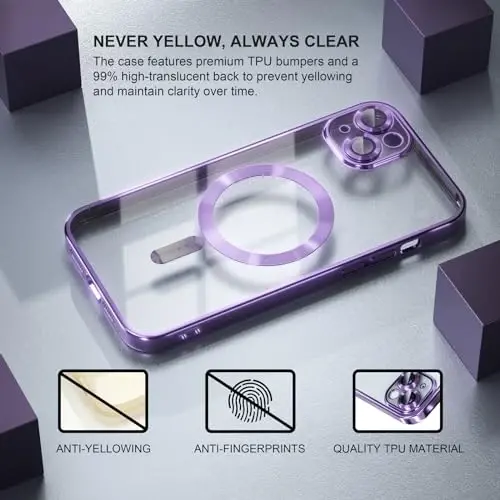 Misea Magnetic for iPhone 15 Plus Case MagSafe bilan mos [Hech qachon sarg'aymaydi] [Harbiy darajadagi tushishdan himoya] To'liq kamera linzalari himoyachisi Qoplama Yumshoq Shaffof Ayollar uchun telefon qutisi, Binafsha - 3
